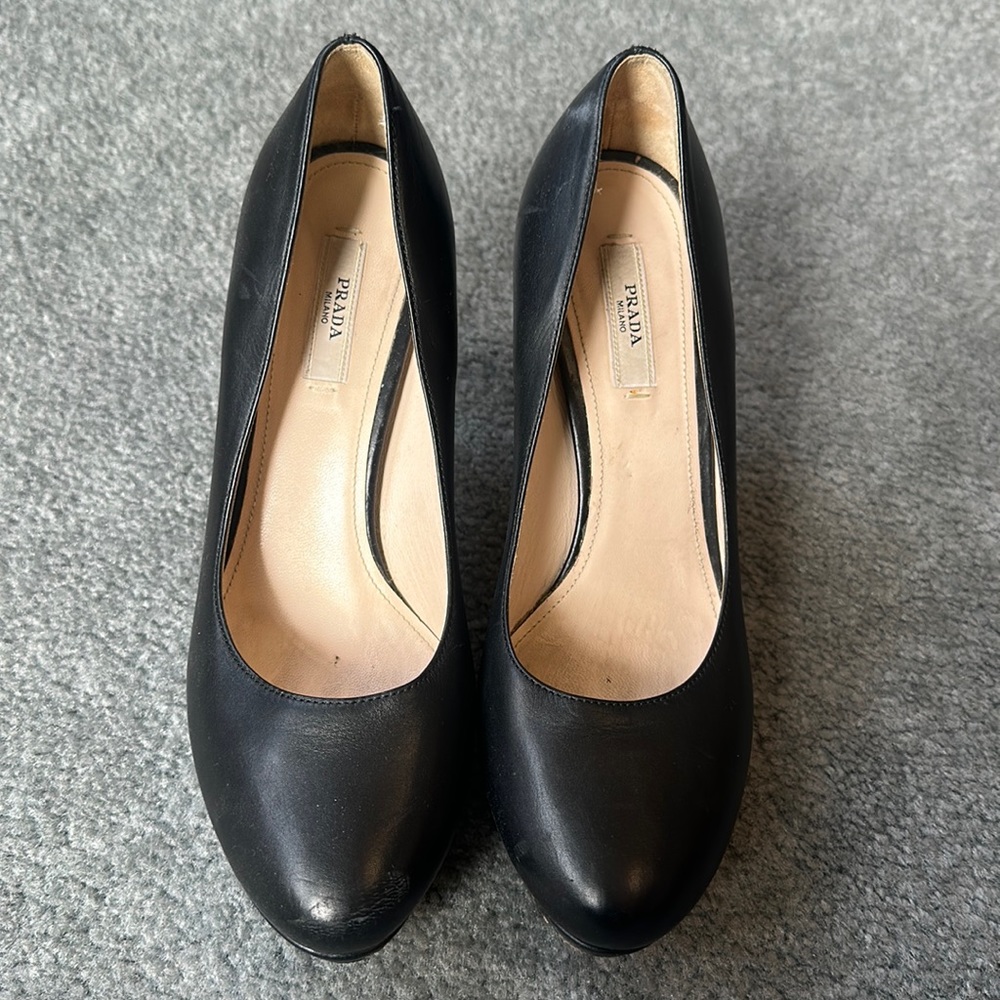 Prada Black Leather Whipstitch Platform Pumps